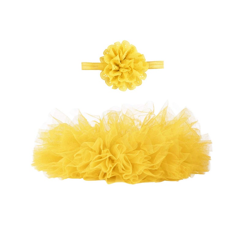Angla 2pcs Flower Headband Tutu Skirt for Newborn Baby Girl (Yellow), Medium - Image 1